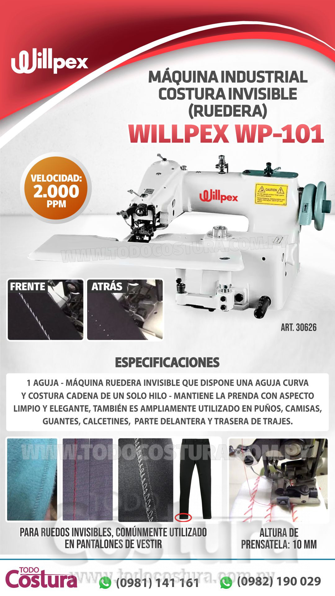 MAQ. INDUSTRIAL COSTURA INVISIBLE (RUEDERA) WILLPEX WP-101